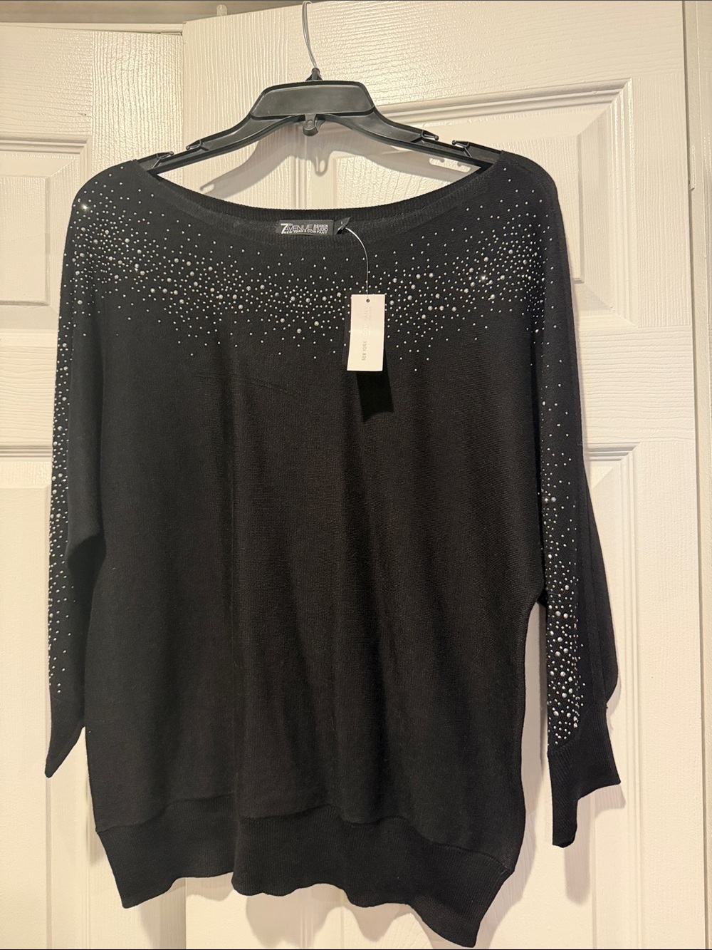 New York & Company Black Crewneck Sweater with Rhinestone Accents